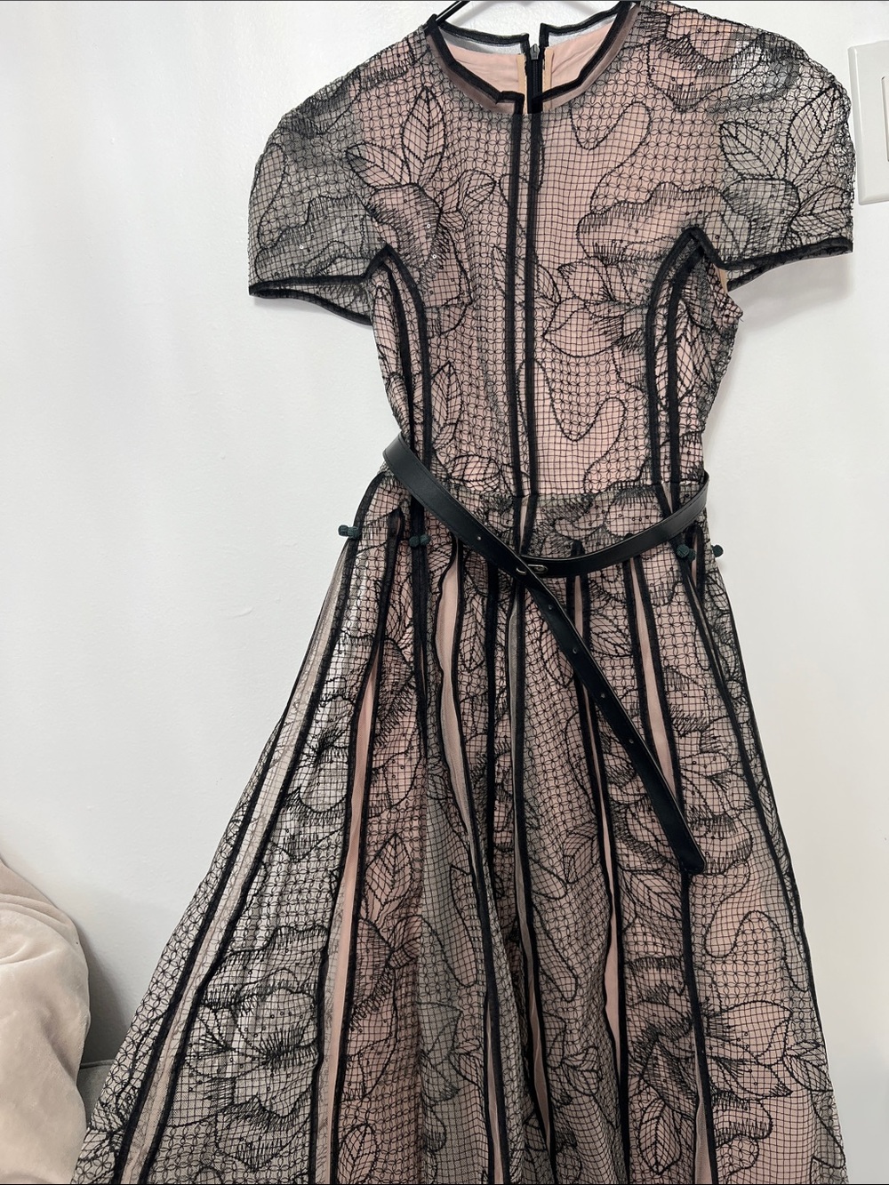 Black Lace Overlay Midi Dress with Blush Lining